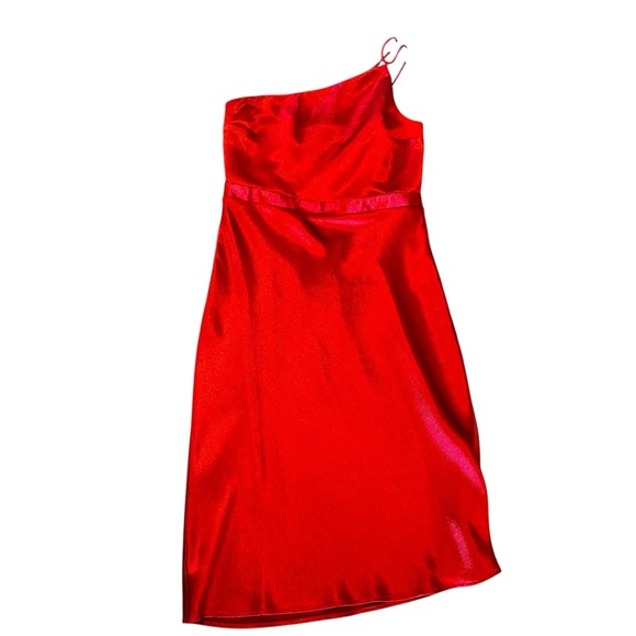 EXPRESS Red Satin Asymmetrical One Shoulder Midi Dress - Picture 2 of 5